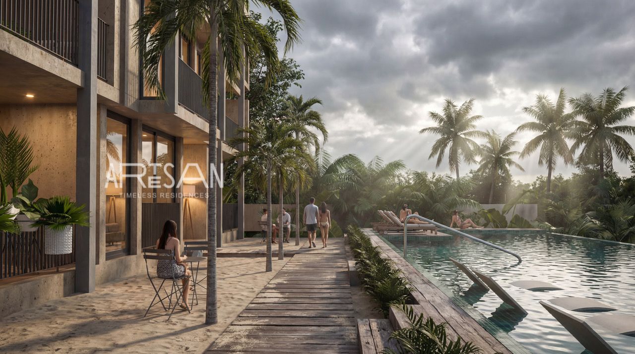 Boardwalk and pool render at Artesan, Puerto Aventuras