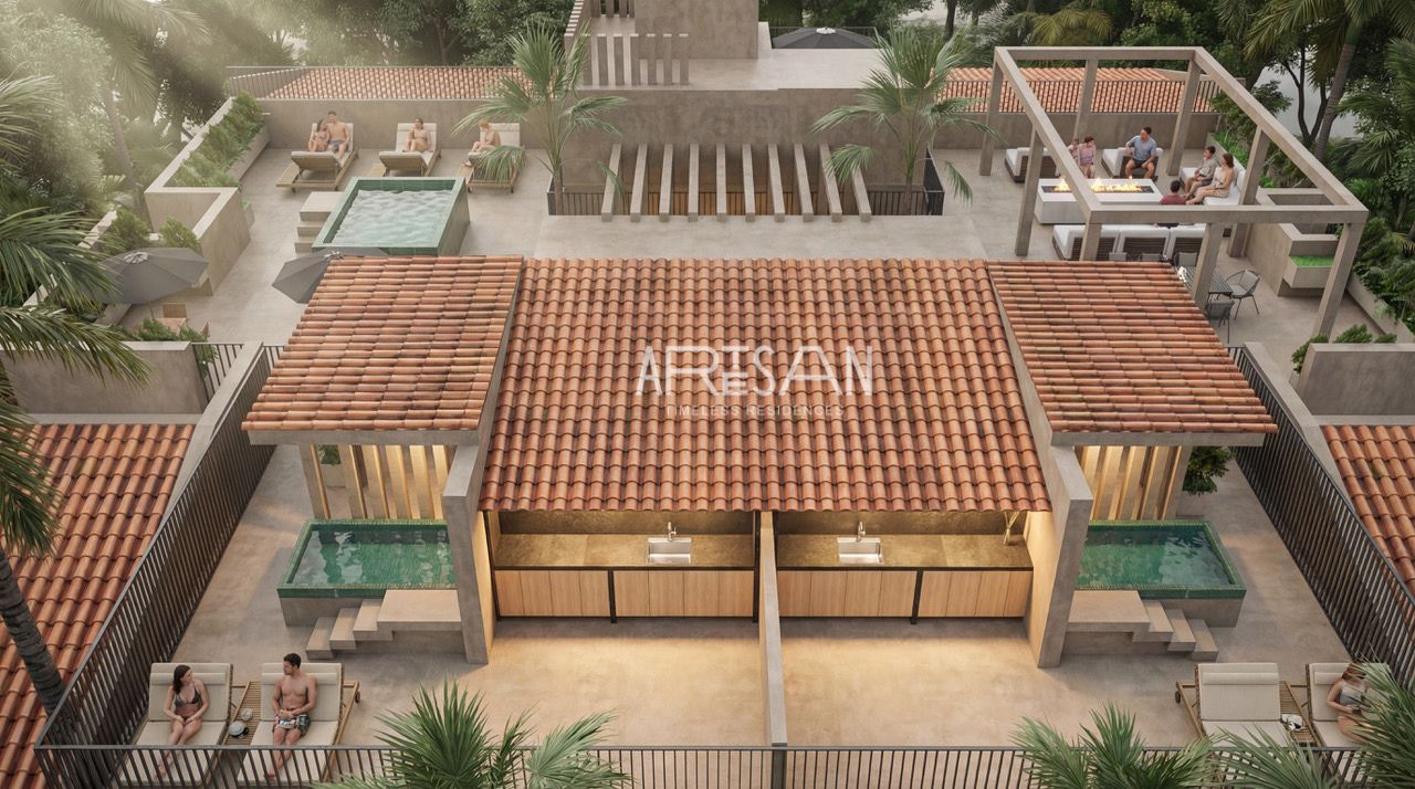Roof-level palapa lounge with two plunge pools