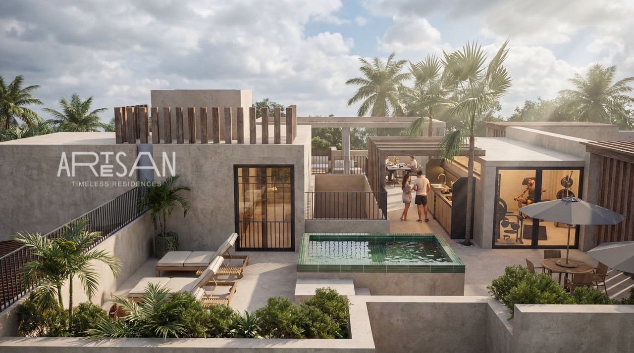 Roof-level plunge pool, lounge and gym at Artesan
