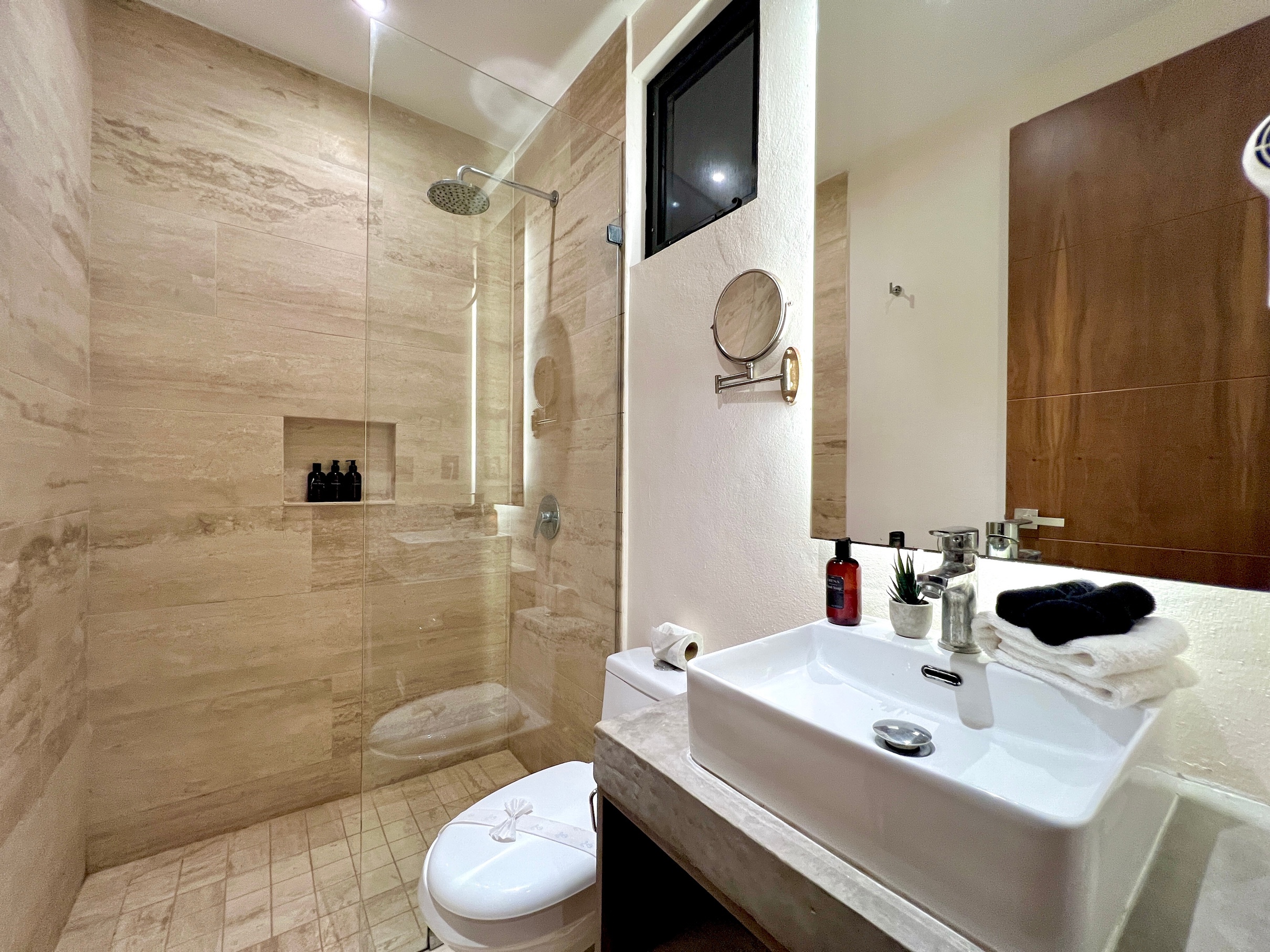 Bathroom of the developer’s Erena show unit, with a walk-in shower