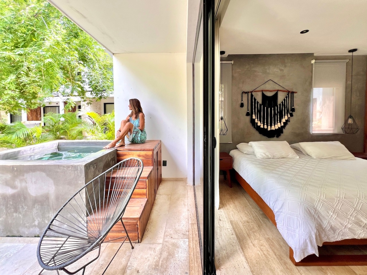 Bedroom and private plunge-pool terrace of the developer’s Erena show unit