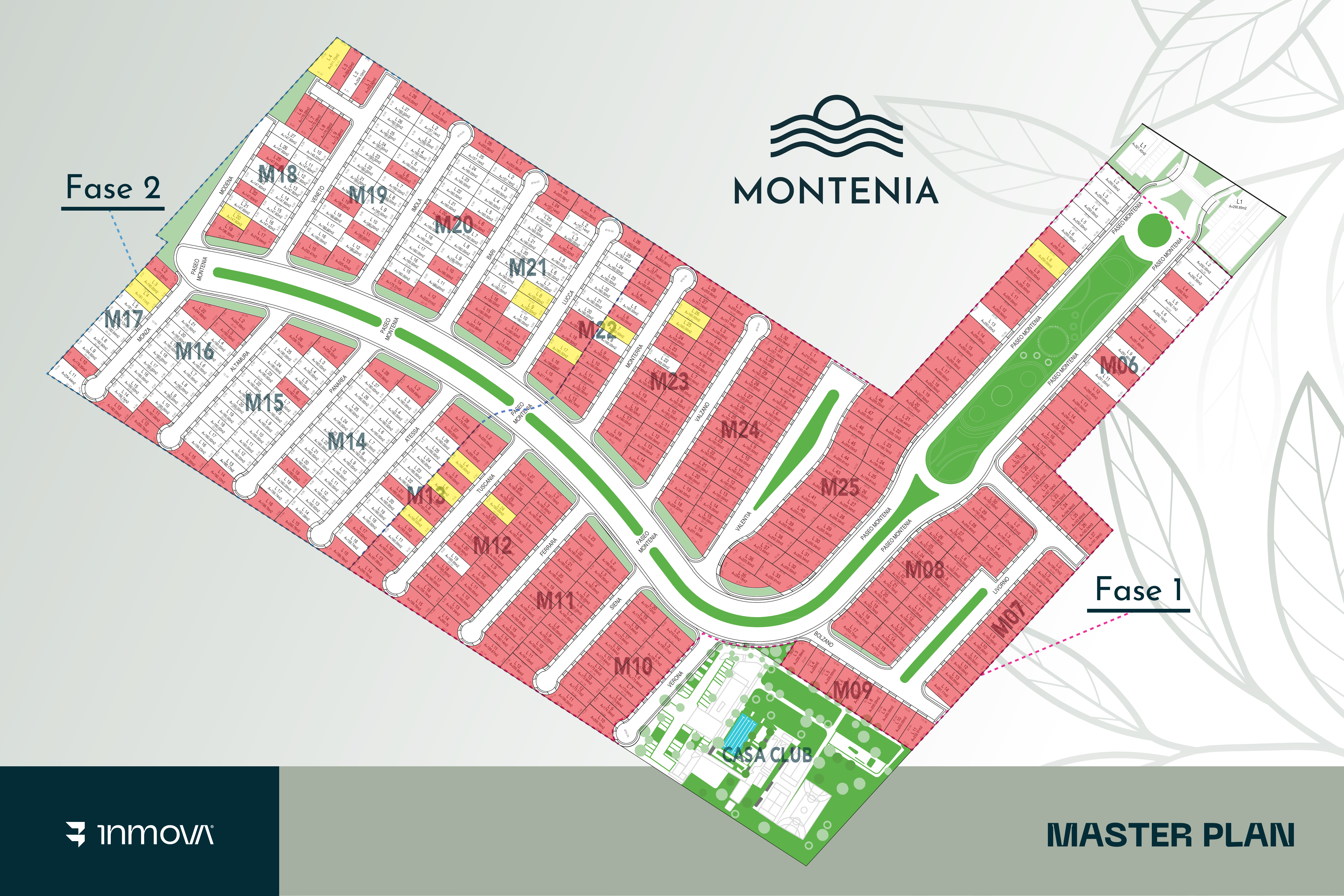 Master plan of Costa Montenia showing manzanas by street and phase