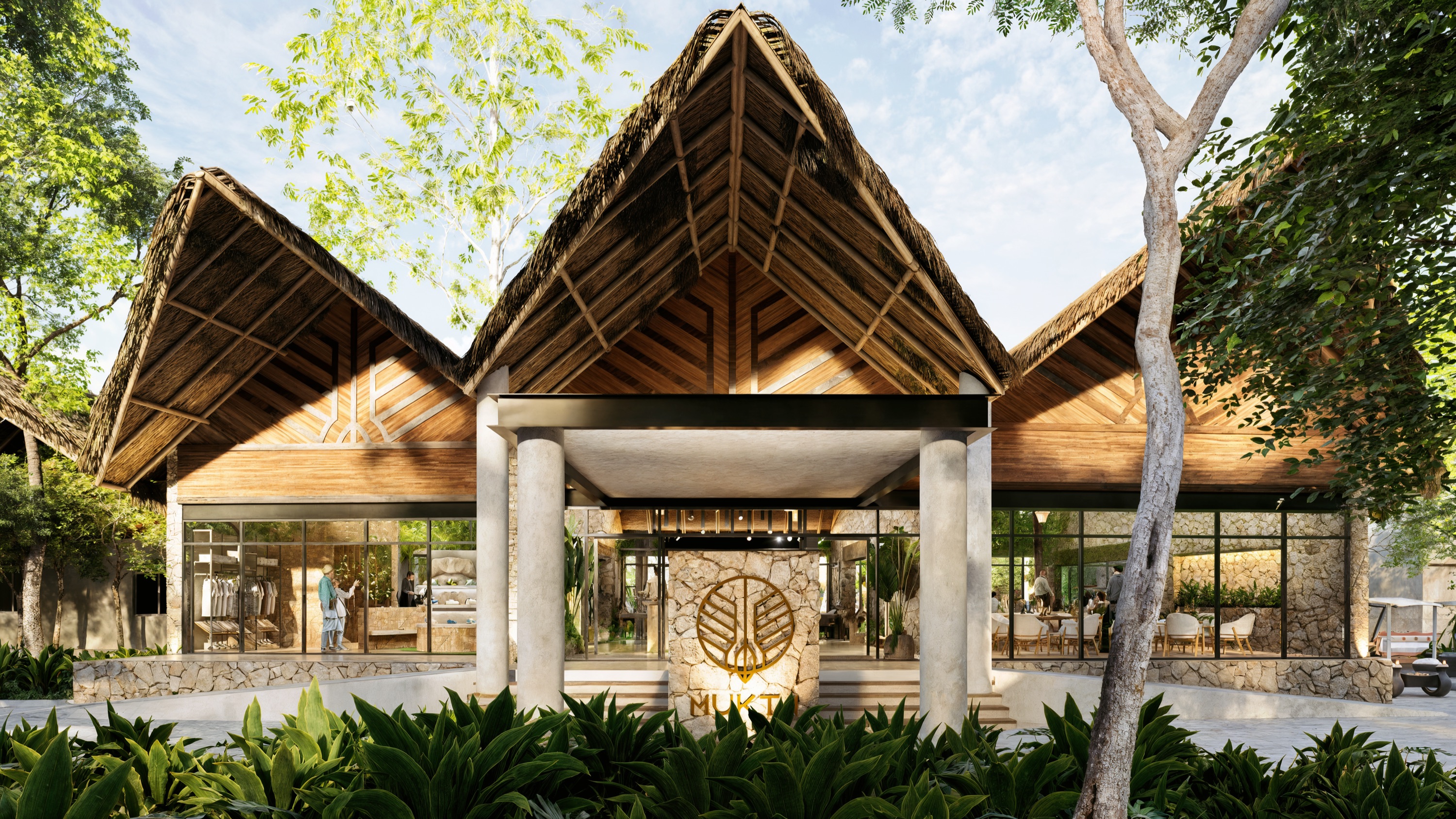 Render of the Casa Mukta clubhouse facade, a thatched-roof building under jungle canopy