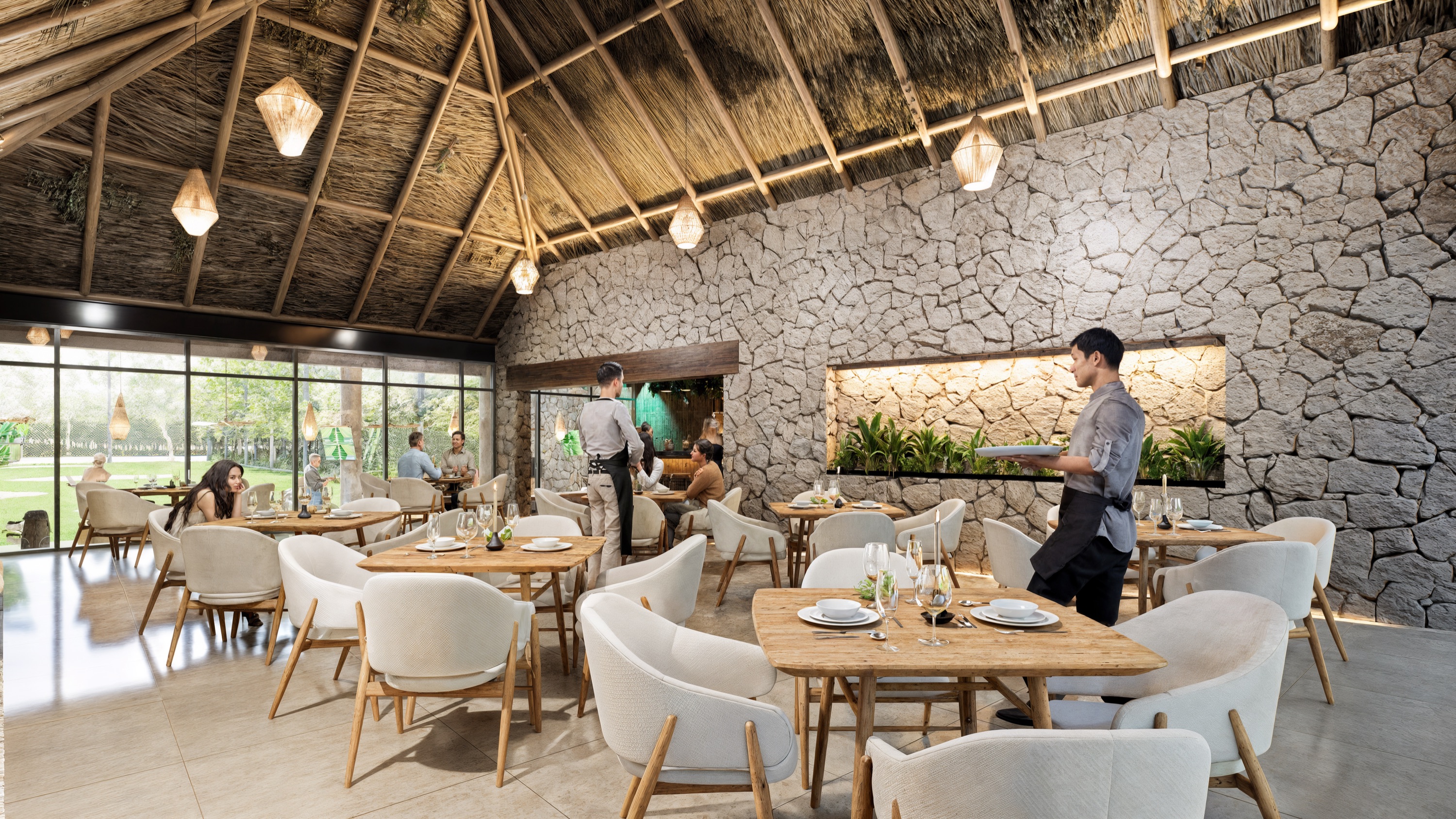 Render of the clubhouse restaurant with stone walls and a thatched roof