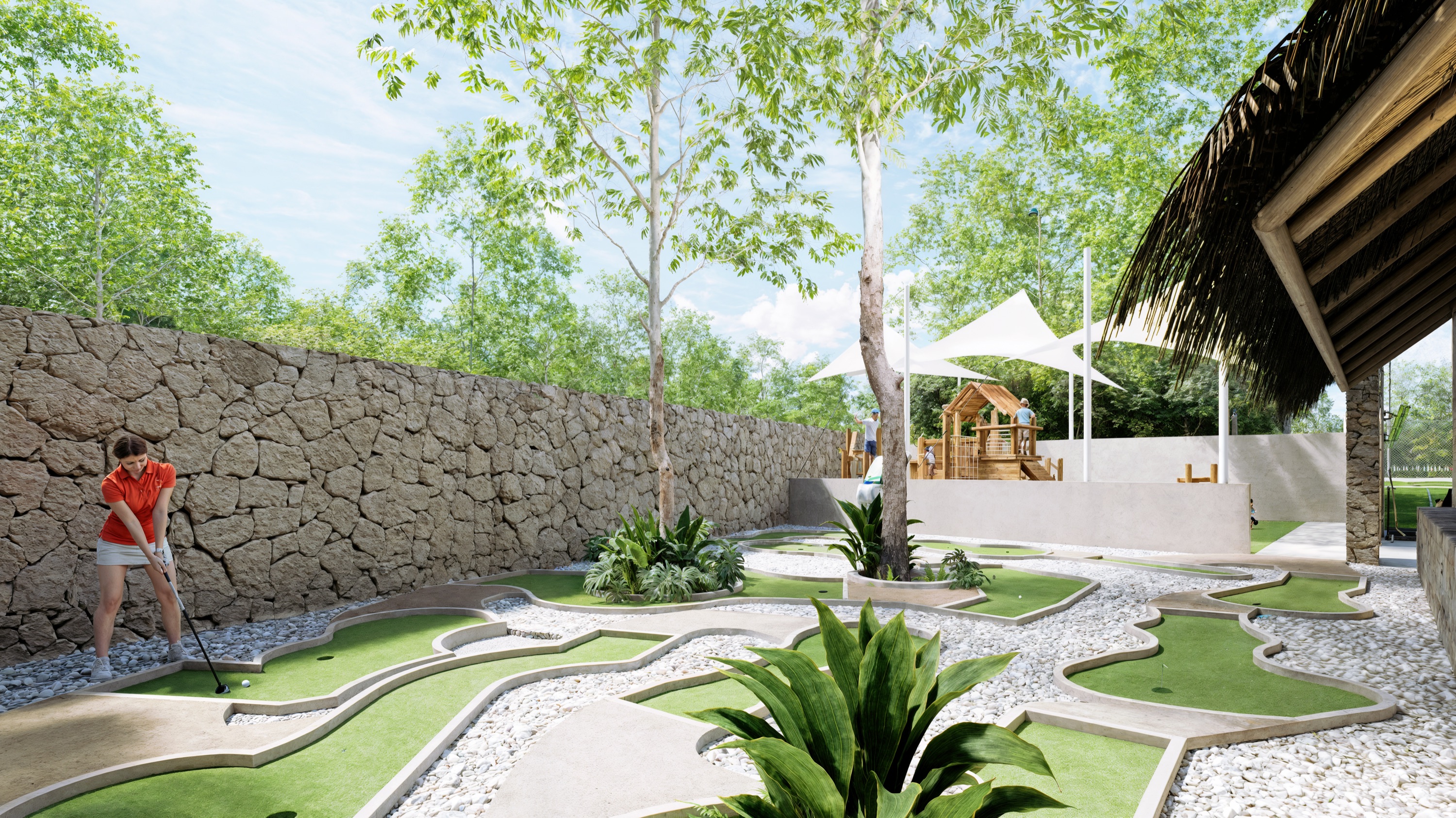 Render of the mini golf course beside a stone wall