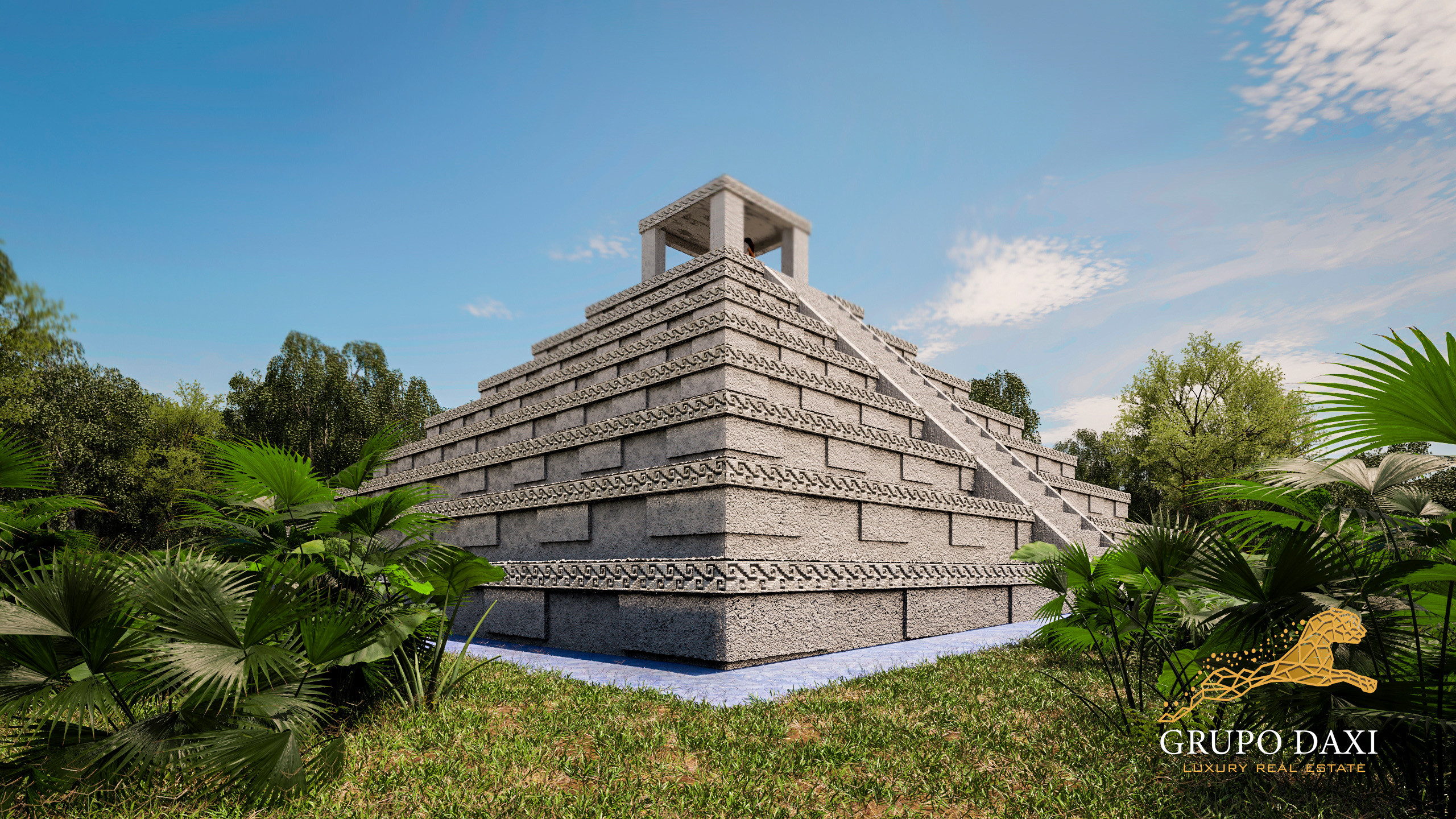 Render of Casa de los Aluxes, a stepped pyramid lookout, seen from a corner