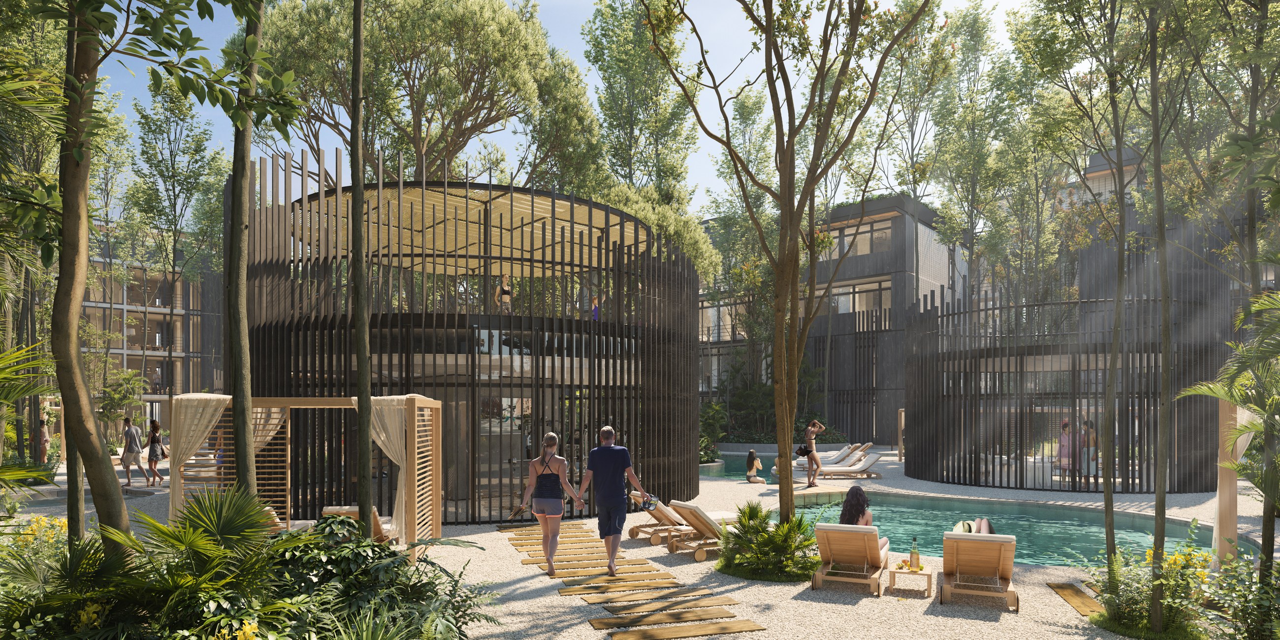 Rendering of the pool area among the trees