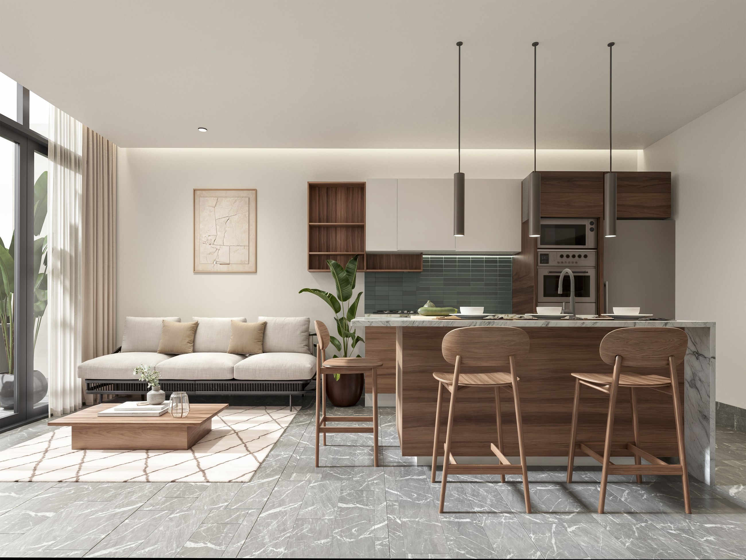 Rendering of a Tower A living room interior at Naomi Selva