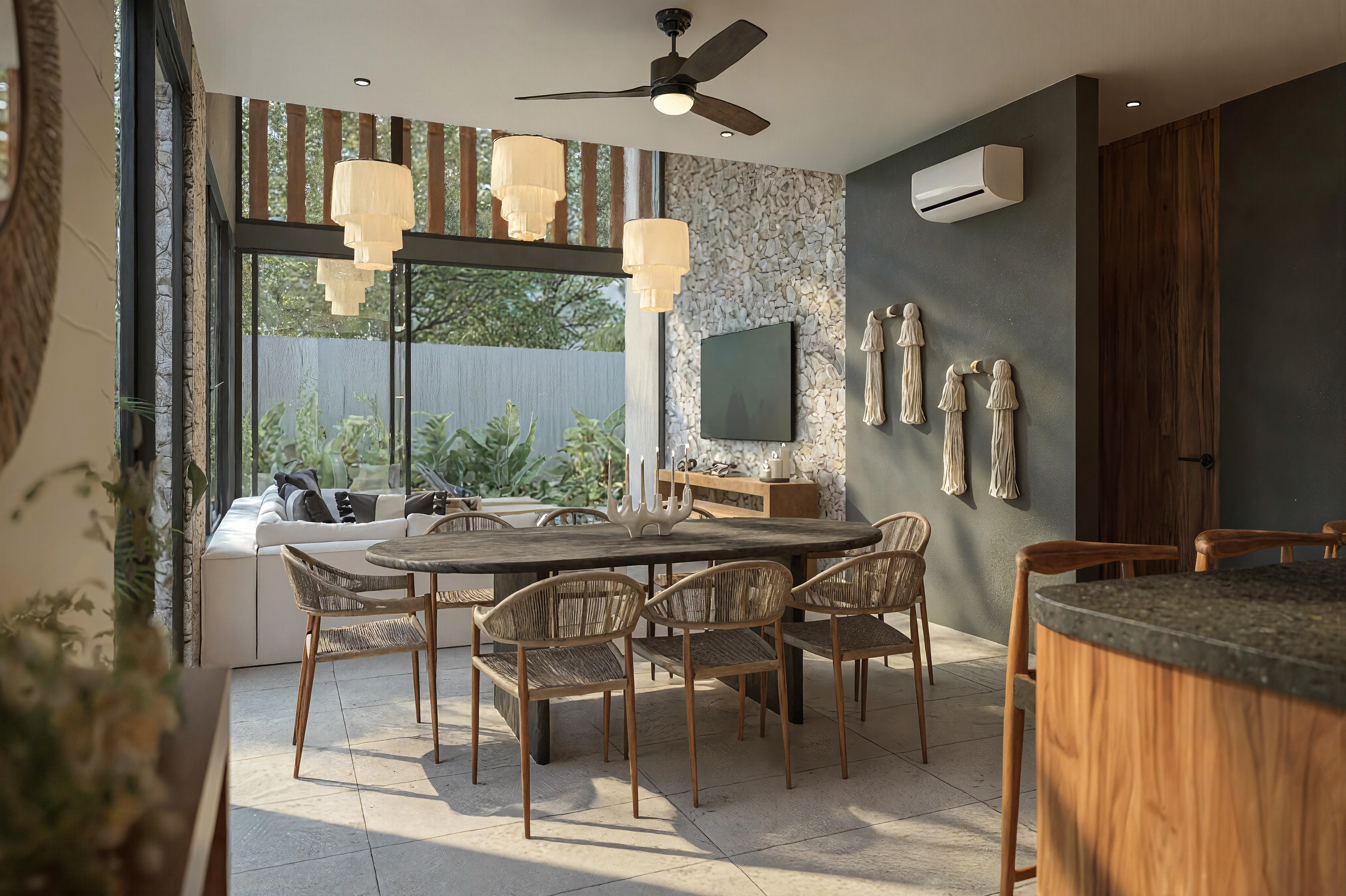 Villa Aura living area render opening to the rear garden