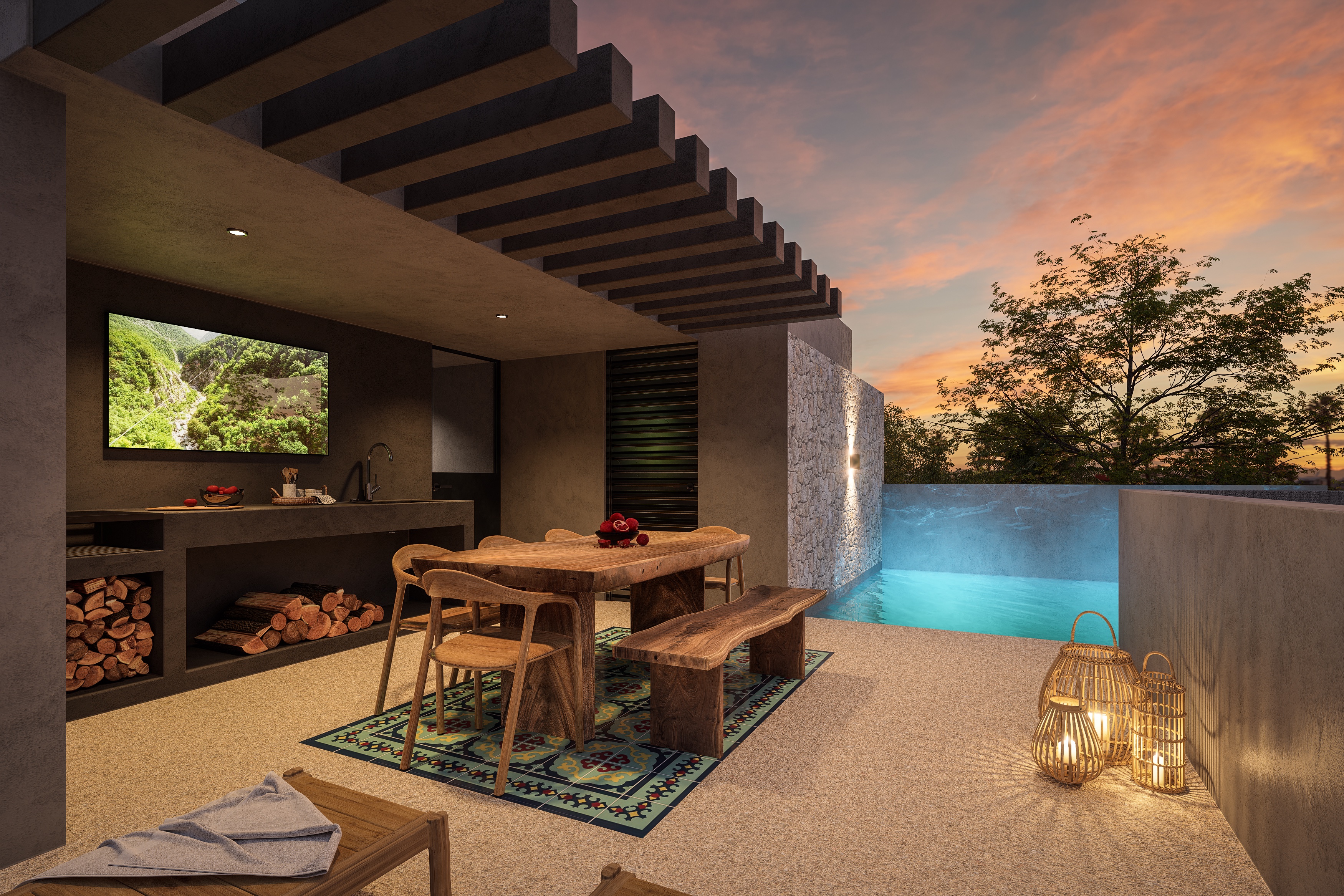 Villa Aura rooftop terrace render at sunset