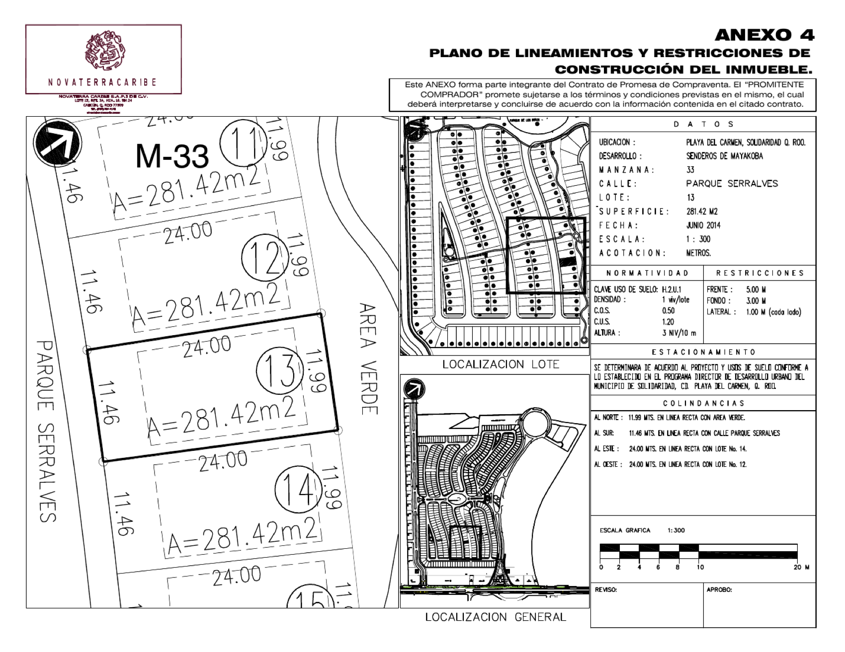 Anexo 4 sheet for Manzana 33 Lote 13, showing lot area, boundaries, coefficients and setbacks
