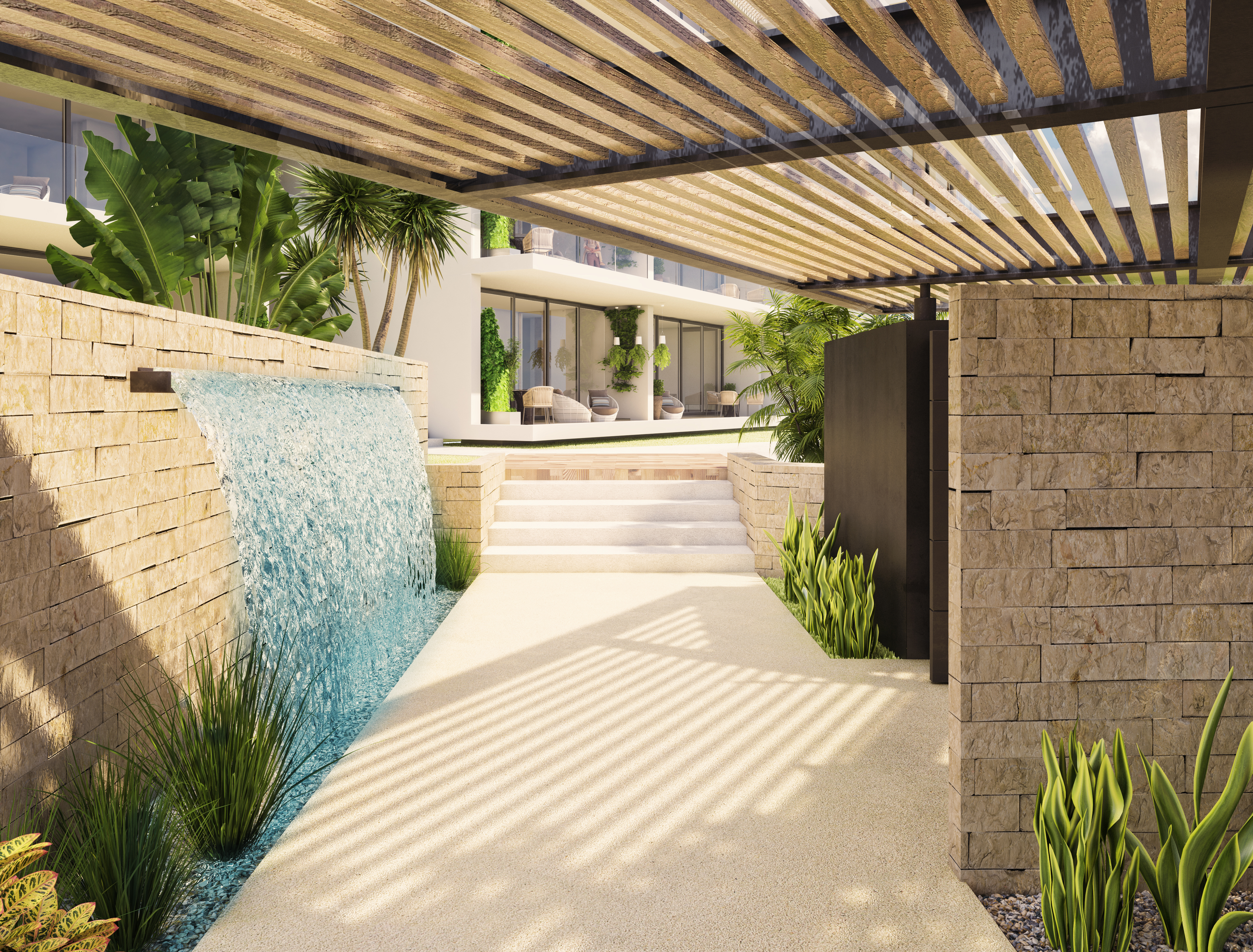 Rendering of the landscaped entrance walkway at Soleii Playacar