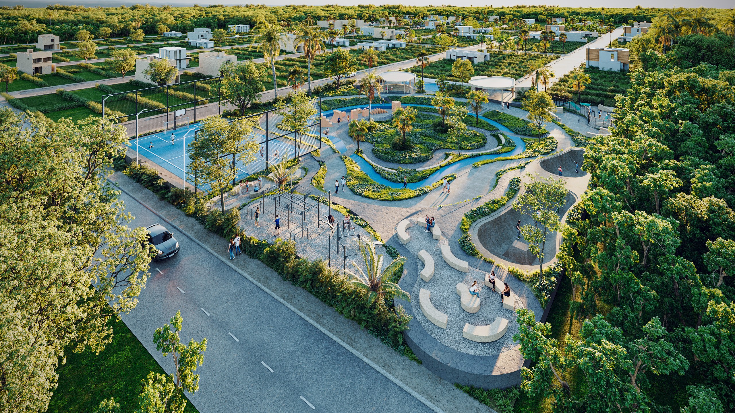 Developer’s rendered aerial view of the planned central park