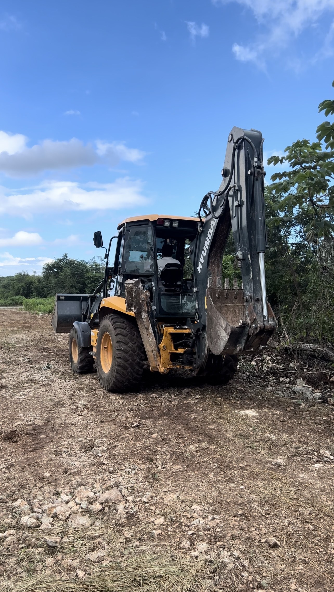Backhoe seen from behind on cleared land at the Trébola Tulum site