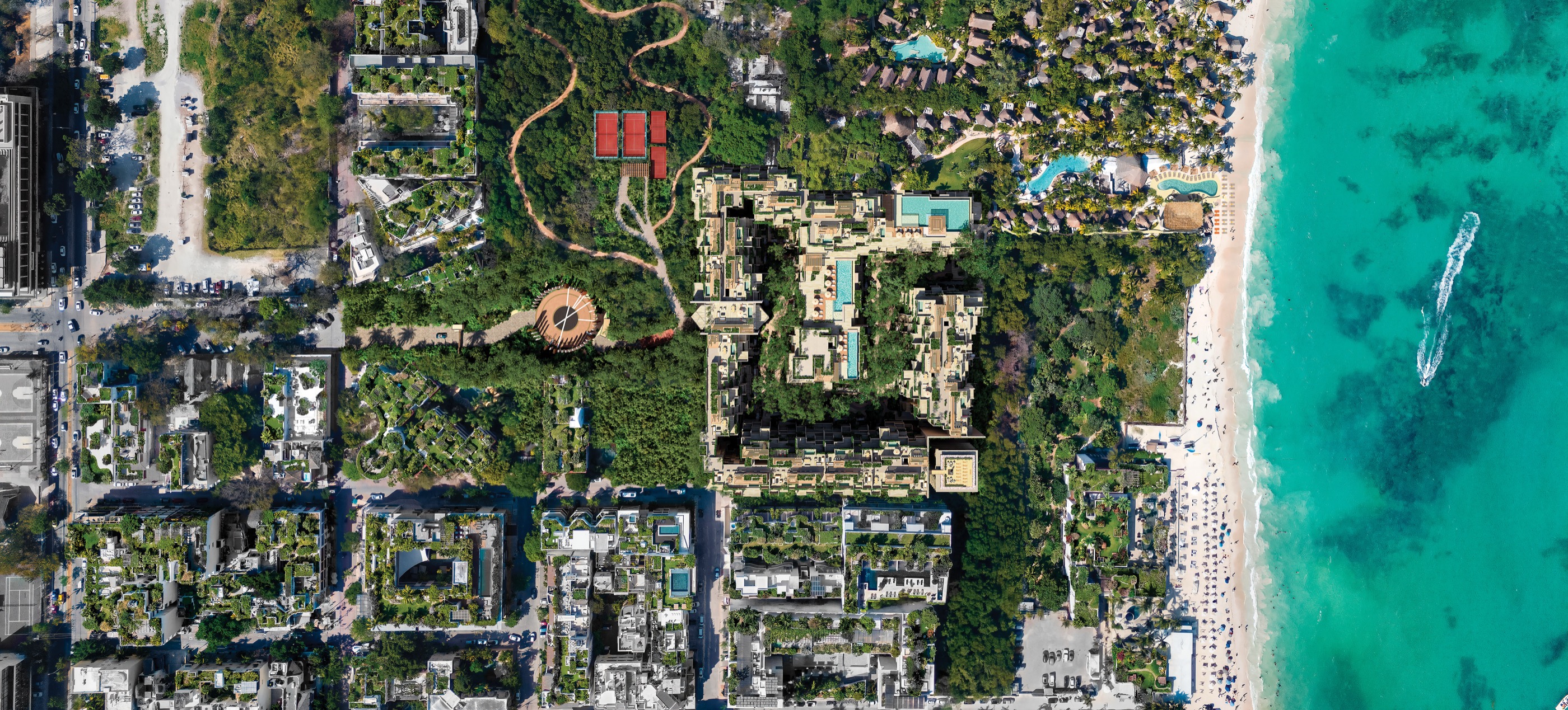 Aerial site plan of Viceroy Residences Playa del Carmen showing the project footprint set back from the shoreline