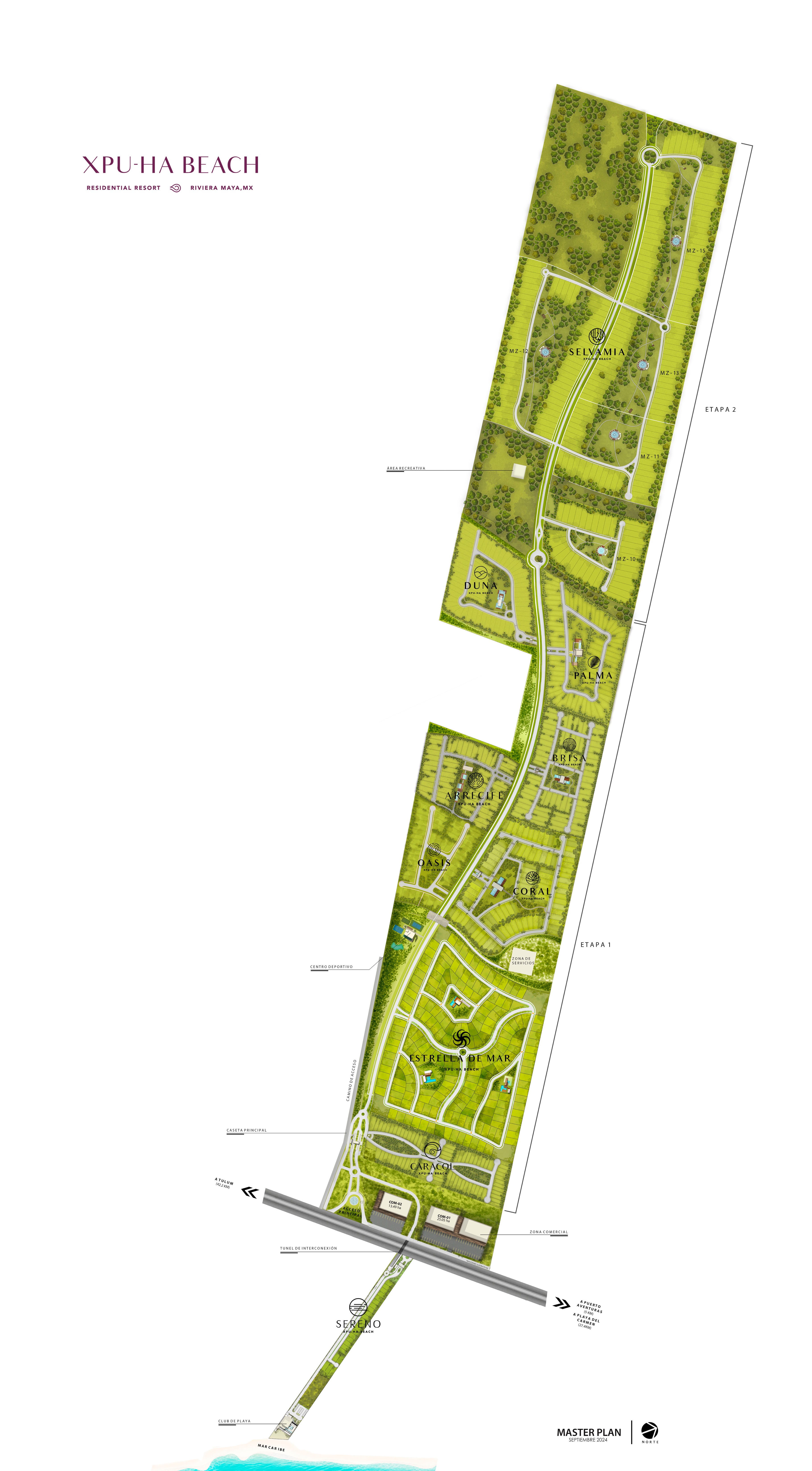 Developer's masterplan of Xpuha Beach Residential Resort showing nine named phases including Oasis