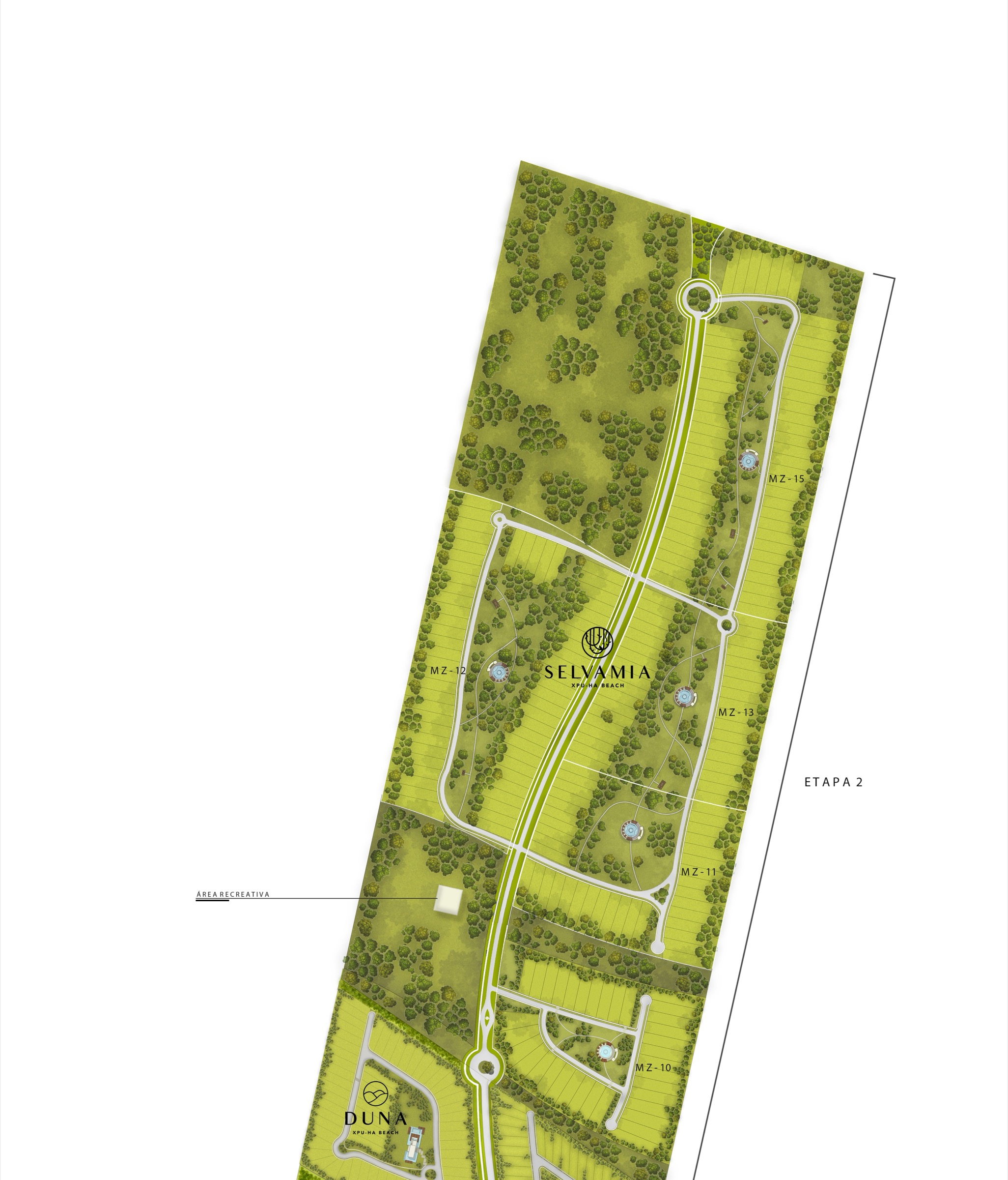 Crop of the developer's September 2024 masterplan showing Selvamia's five manzanas grouped as Etapa 2, north of the resort's earlier phases